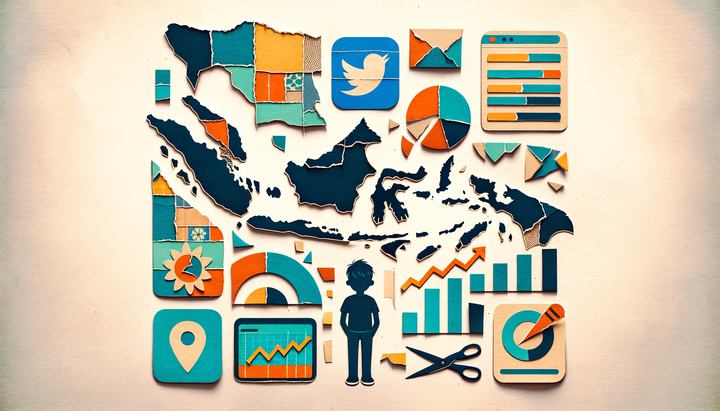 Paper collage of Indonesian archipelago with social media icons cut away by scissors, age verification card, and ad dashboard with declining metrics