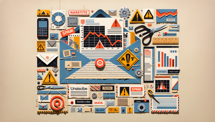 Paper collage illustration of an email inbox with warning indicators, a spam folder, unsubscribe buttons, and a line graph trending downward