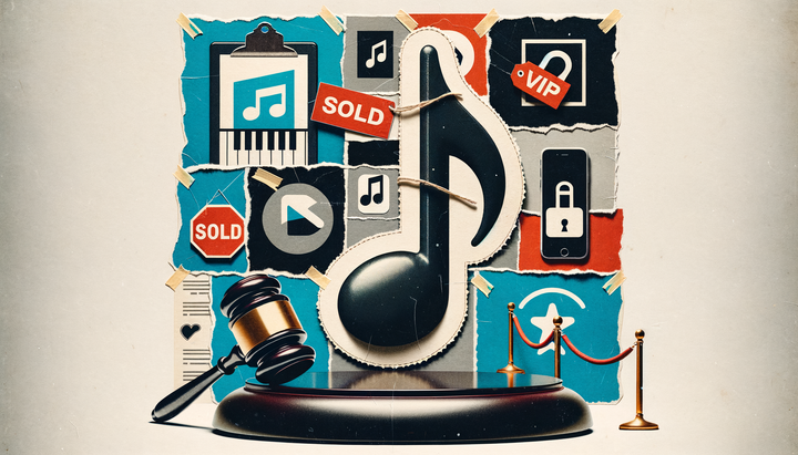 Collage of TikTok app interface with velvet rope barrier and auction gavel, representing premium ad format restrictions