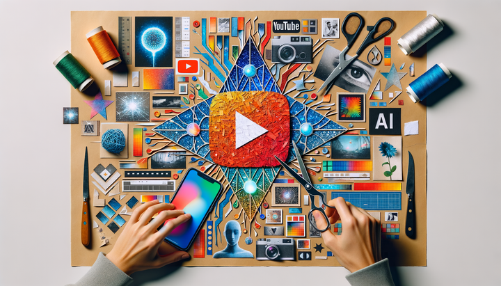 YouTube play button with AI sparkle effects overlaid on creator studio interface showing visual scripting nodes