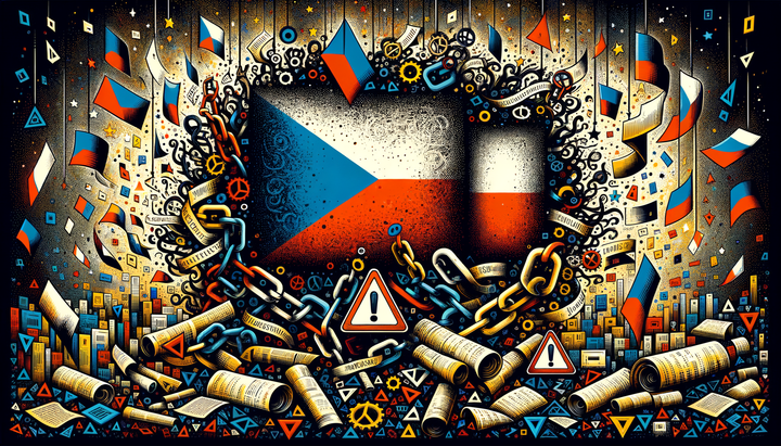 Pop art illustration of Google Ads Editor with Czech and Slovak flags linked by chains across browser windows
