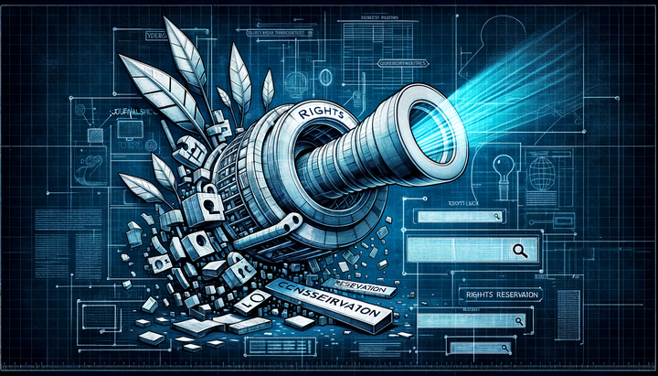 Blueprint illustration of a DMCA notice stamped across search results, redacting content from the index
