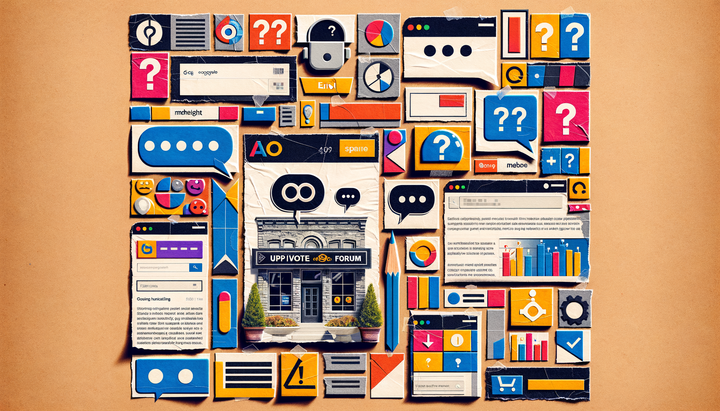 Collage illustration of AI chatbot speech bubbles containing question marks and error symbols overlaid on brand logos, magazine zine aesthetic