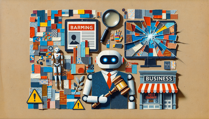 Robot in a suit holding a gavel next to a cracked screen and a small business storefront with warning signs