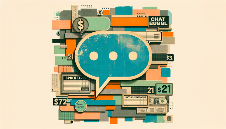 Collage of a chat interface overlaid with advertising billboards and dollar signs, split between organic answers and paid placements