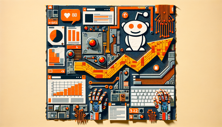 Collage of Reddit upvote arrows tangled with robotic wires and circuit boards against an advertising dashboard background