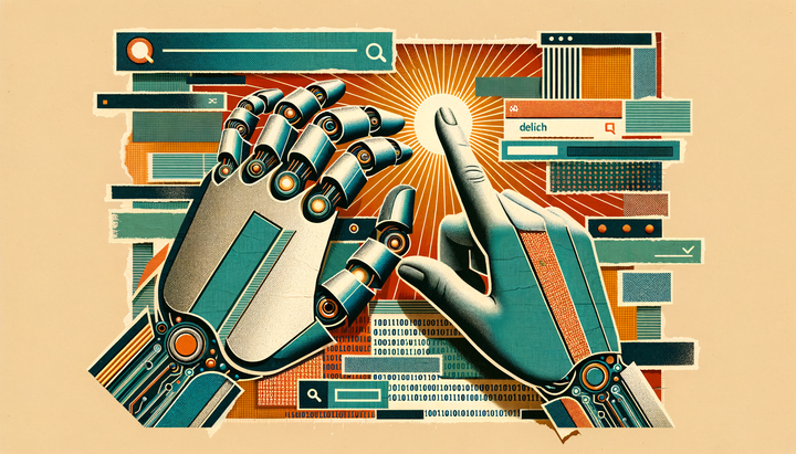 Magazine-style collage of a robotic hand browsing a search results page while a human hand reaches for the same screen from the opposite side