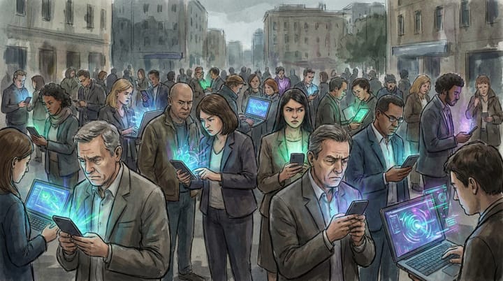 Crowd of people staring at glowing AI screens on phones and laptops with skeptical expressions