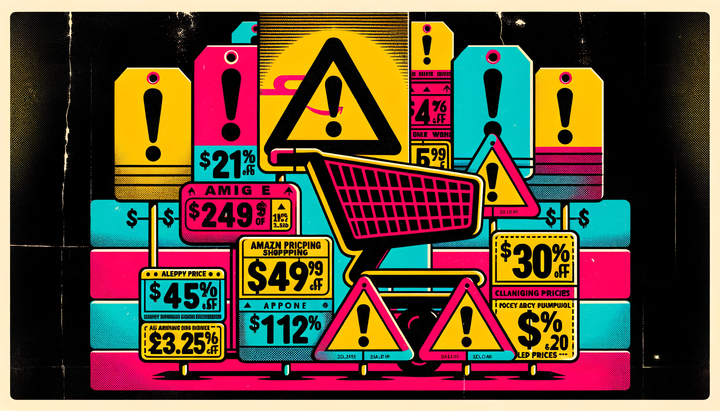 Pop art illustration of shopping price tags with bold red strikethrough lines and crossed-out prices