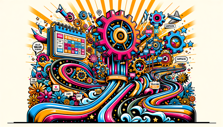 Pop art illustration of a B2B sales funnel with confused algorithm gears reacting to a vacation calendar