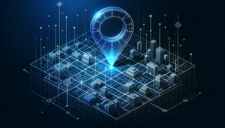 Blueprint technical illustration of a map pin and city grid with ChatGPT logo and location data streams connecting to local businesses