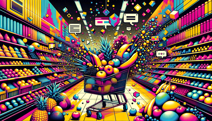Pop art illustration of a grocery cart with digital price tags and a broken analytics dashboard displaying ChatGPT ad data errors