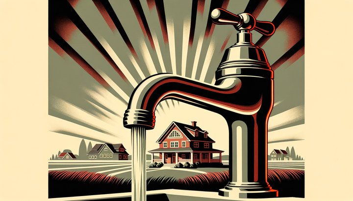 Vintage propaganda poster illustration of a suburban house with sparkling water flowing from faucets in bold retro style