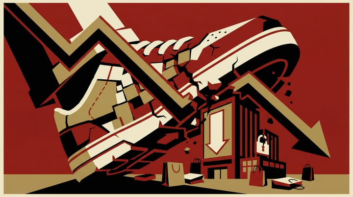 Propaganda poster illustration of a crumbling sneaker above a plummeting stock chart and shuttered storefront