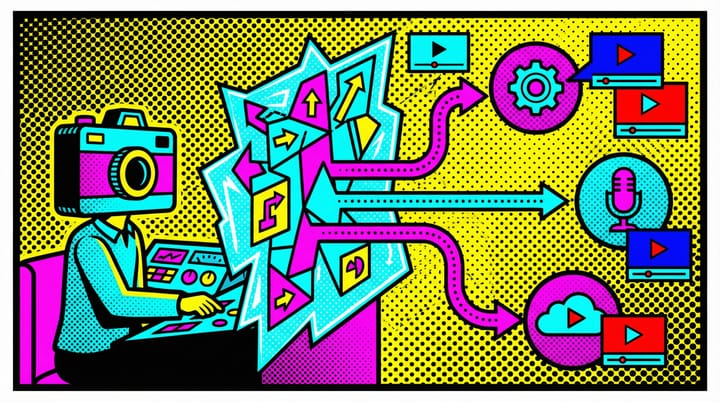 Pop art illustration of YouTube creator profiles connected to brand logos through AI-powered matching network