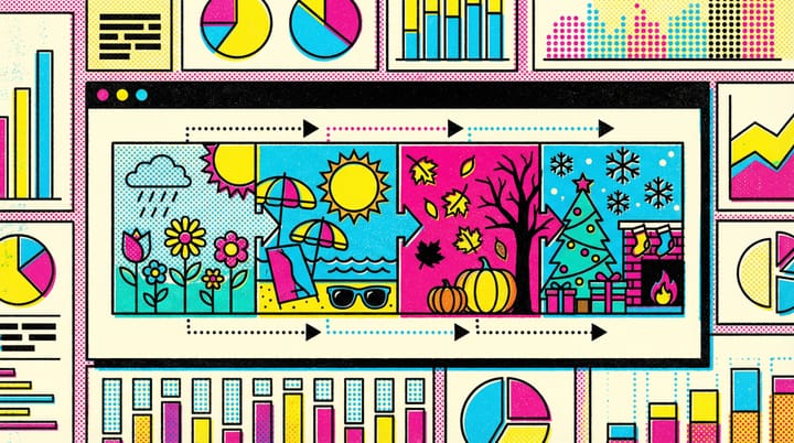 Pop art illustration of PMax campaign dashboard with seasonal creative themes overlaying Google Ads interface elements