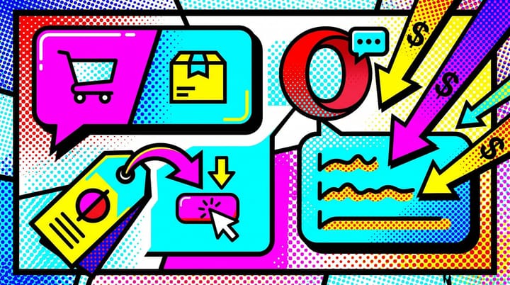 Pop-art collage of an AI chat thread with sponsored product placements and a price tag flipping from $60 CPM to CPC, illustrating AdMarketplace's pricing pitch.