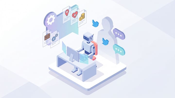 Isometric illustration of an AI robot agent at a desk leaking document fragments labeled occupation location health and financial toward a ghostly human owner silhouette