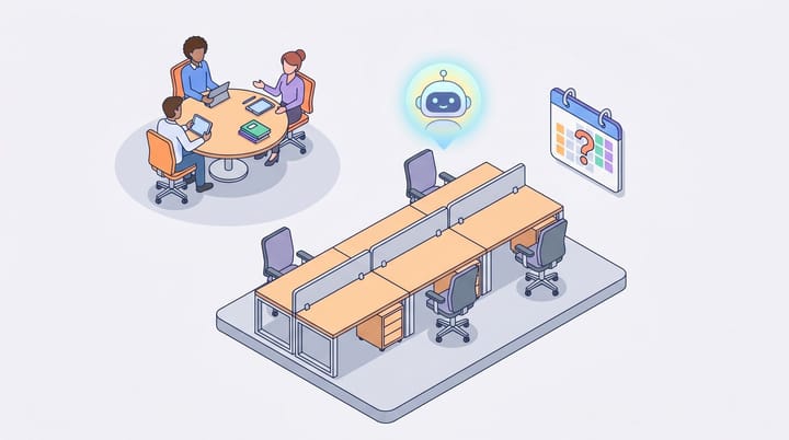 Isometric flat illustration of a marketing team meeting with one empty junior chair and a glowing AI assistant icon hovering above it, a 2031 calendar in the background.
