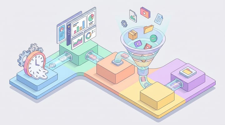 Isometric illustration of five interconnected marketing workflow blocks with a compressed time clock showing hours saved through AI automation