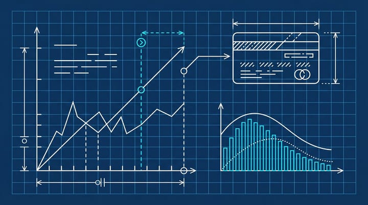 Blueprint schematic of a Google Search Console impressions chart with the May 2025 to April 2026 inflation window highlighted alongside an AI Overviews CTR rebound curve.