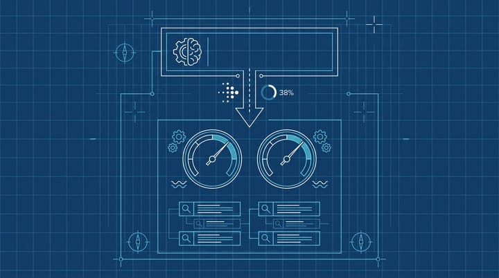 Blueprint diagram of a Google SERP with an AI Overview box at top, a 38% downward arrow, and twin satisfaction gauges showing identical readings.