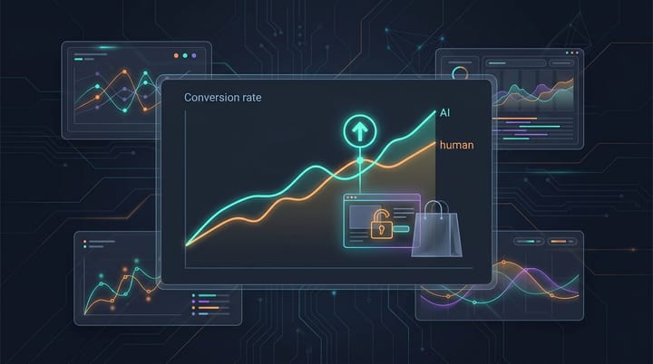 Dark data visualization showing an AI referral traffic line crossing above a human traffic conversion line at 42 percent, with retail product page icons and a broken lock symbol.