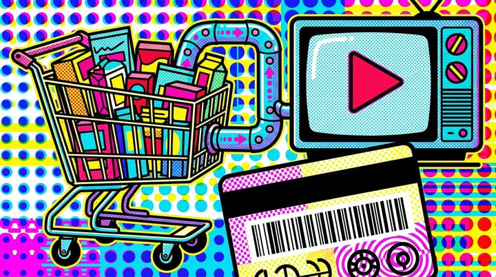 Pop-art illustration of an Albertsons grocery cart pumping shopper data through a glowing pipe into a YouTube play button on a TV, with a retail loyalty card overlay.