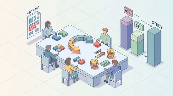 Isometric flat illustration of a TV upfront negotiation with holdco stacks, contract clauses highlighted, and an arbitrage spread arrow between buy and sell prices.