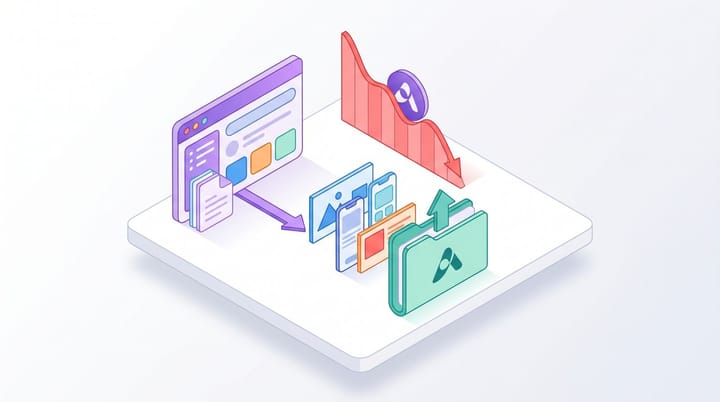Isometric illustration of a Claude prompt window exporting slides, mockups, and one-pagers into a Canva folder while a Figma logo slides off a chart.