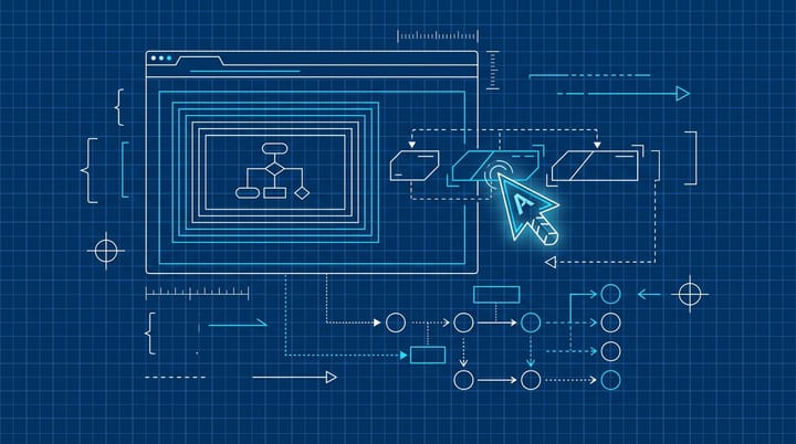 Blueprint diagram of a browser window with semantic HTML tags, schema markup brackets, and an AI agent cursor navigating nested data nodes connected by dashed flow lines.