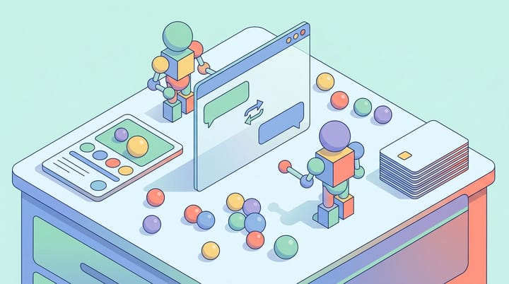 Isometric illustration of two AI agents negotiating across a Slack-style chat panel, with a marketplace listing card and stacked gift cards on a desk