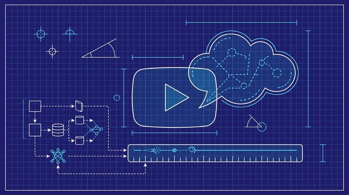Blueprint-style schematic of a YouTube play button connected to a chat bubble, with timestamped citation markers along a video timeline.