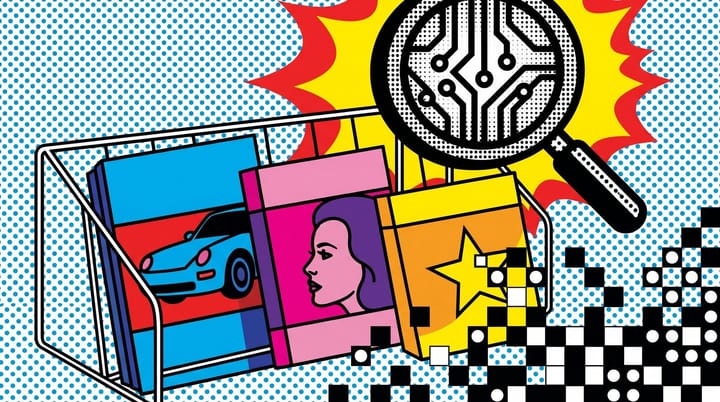 Magazine rack with Bravo, Cosmopolitan, and Autozeitung covers pixelating into binary code under a looming AI search icon, stark pop-art style