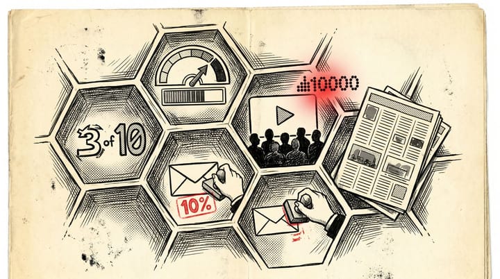 Retro newsprint layout: Beehiiv honeycomb paywall meter at 3-of-10 posts, webinar panel with 10,000 attendees, Substack envelope stamped 10% fee.