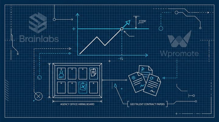 Salary chart climbing past $260K beside flat $5K client retainer line, agency office hiring board with GEO talent contracts.