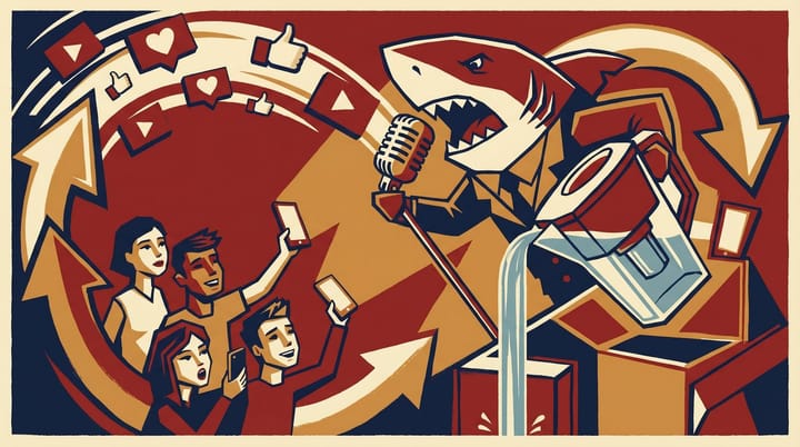 Cartoon shark singing into a microphone surrounded by social media icons and a water pitcher in bold propaganda poster style