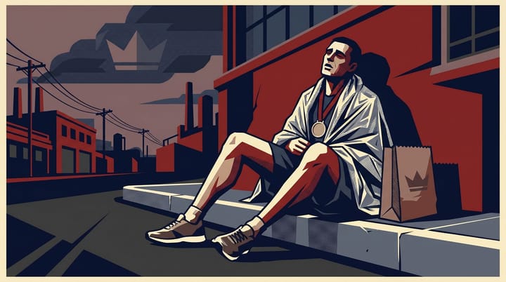 An exhausted marathon runner sits on a curb wrapped in a foil blanket with a finisher's medal, eating a Burger King meal beside the finish line.