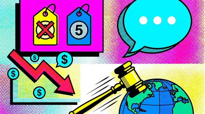 Pop-art illustration of a $60 price tag crossed out and replaced with a $25 tag, a downward CPM chart, a ChatGPT speech-bubble icon, and an auction gavel striking a globe.