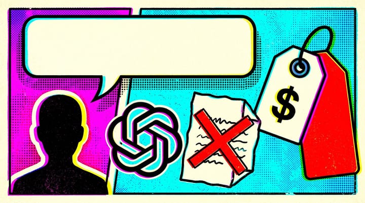 Pop-art illustration showing an anonymous silhouette with a sponsored ChatGPT chat bubble, a crossed-out OpenAI help page, and a $25 CPM price tag