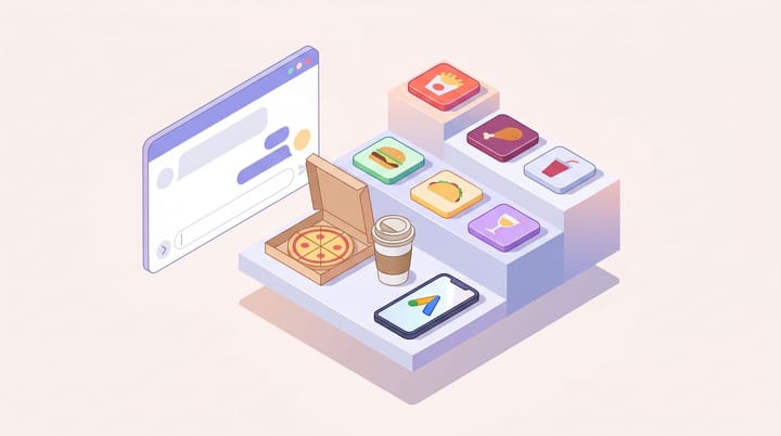 Isometric flat illustration of a ChatGPT chat window beside a pizza box, coffee cup, and smartphone deep-link arrow, with QSR brand tiles on an app directory shelf.