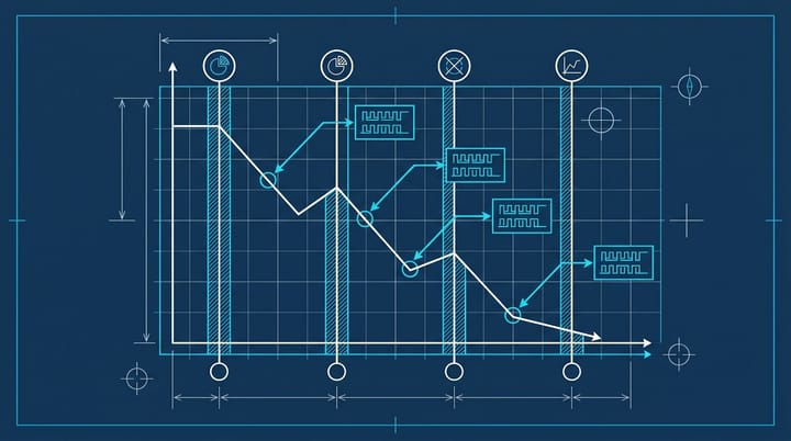 Blueprint diagram showing ClickUp blog traffic falling from 1.19 million to 28,790 monthly visits across four Google algorithm update markers