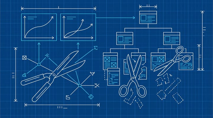 Blueprint-style diagram of a website sitemap being pruned with pages removed and Search Console traffic charts trending upward