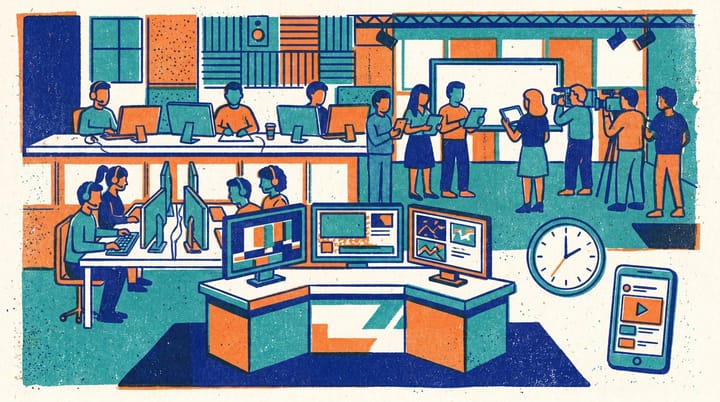 Risograph-style illustration of a TV broadcast desk beside a phone showing a short vertical clip, representing The Daily Show parallel digital and broadcast teams.