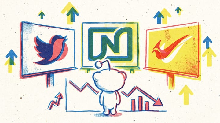 Risograph illustration of Reddit's Snoo mascot facing Dove, Netflix, and Nike billboards with a line graph of brand sentiment dropping as posting frequency rises.