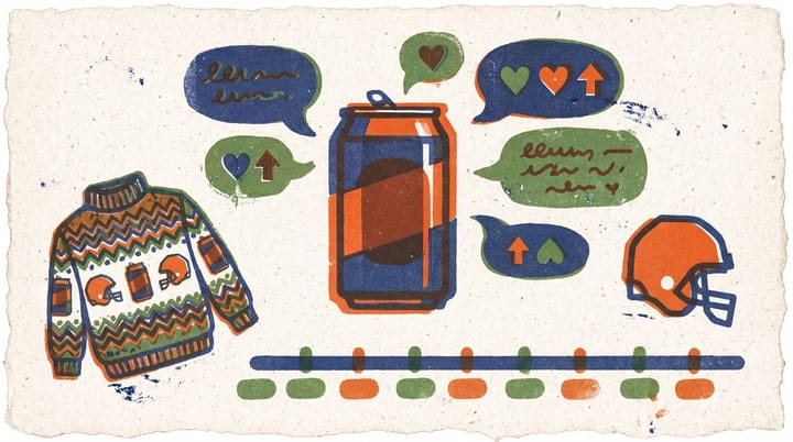 Dr Pepper can surrounded by floating TikTok comment bubbles and a knitted Dr Pepper sweater in riso-print style, illustrating the brand's decade-long fan account strategy