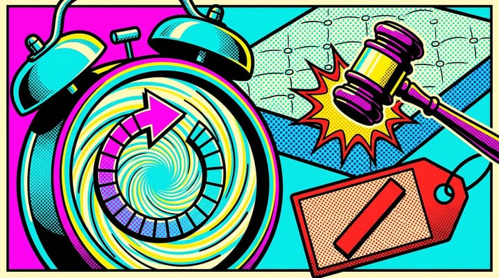 Pop-art panel of a resetting countdown clock, a red strikethrough $3,531 price tag, and a courthouse gavel over a halftone mattress