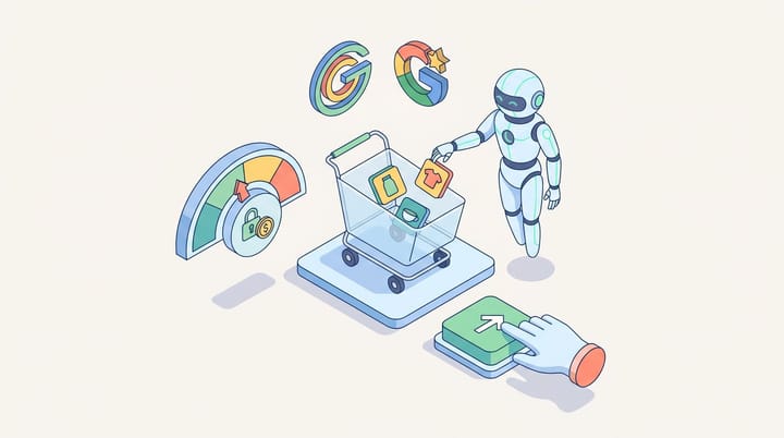 Isometric flat illustration of an AI shopping assistant filling a cart while a hand pulls back from a checkout button beside a $0 spending-cap dial