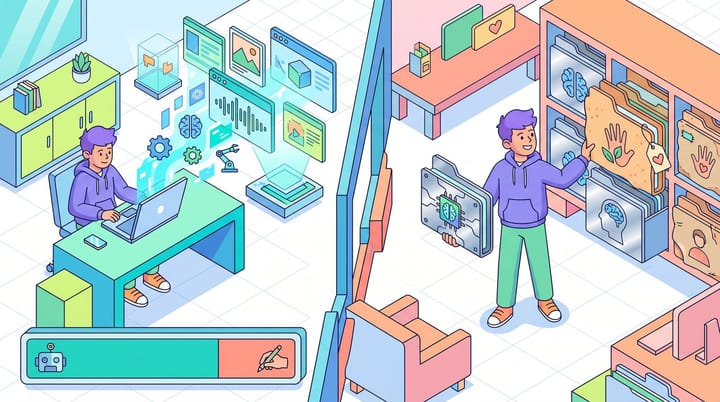 Isometric illustration: a Gen Z worker produces AI content at a laptop while picking a human-labeled folder over an AI one, with a 69 vs 28 preference bar.