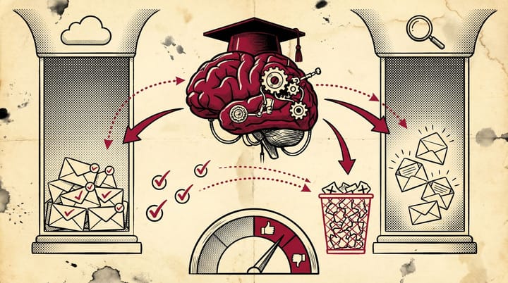 Retro newsprint illustration of email messages being sorted by an AI relevance filter, with authenticated emails diverted to spam folders